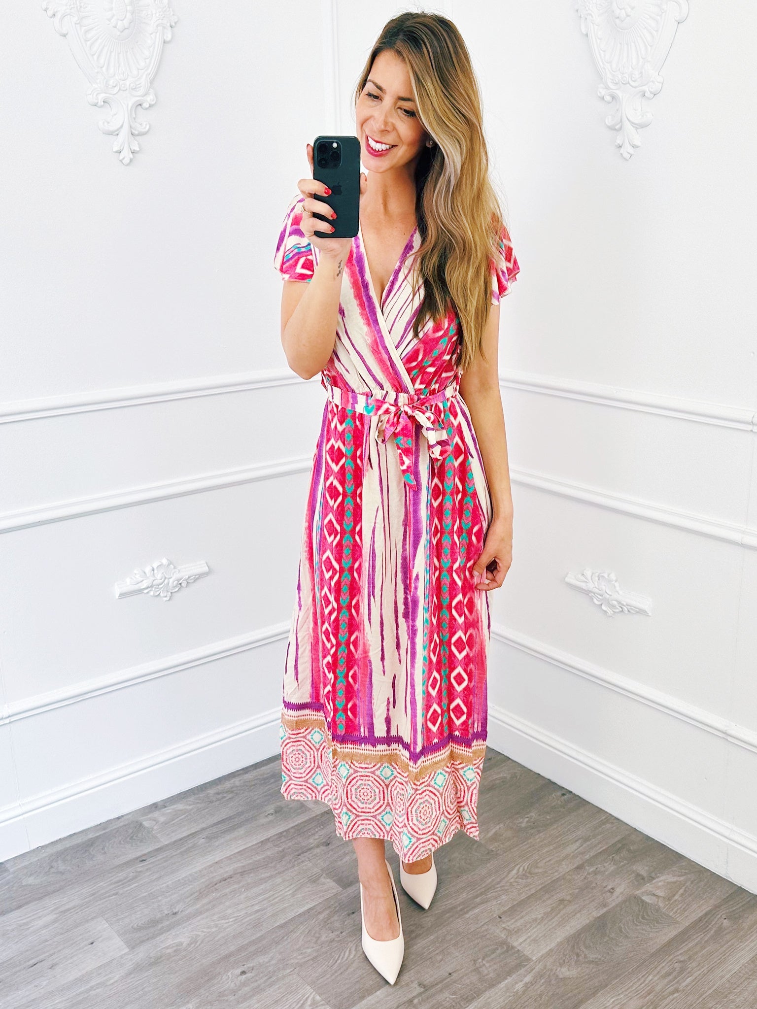 Baroque Wrap Midi Dress Fuchsia – BlushFashionstore