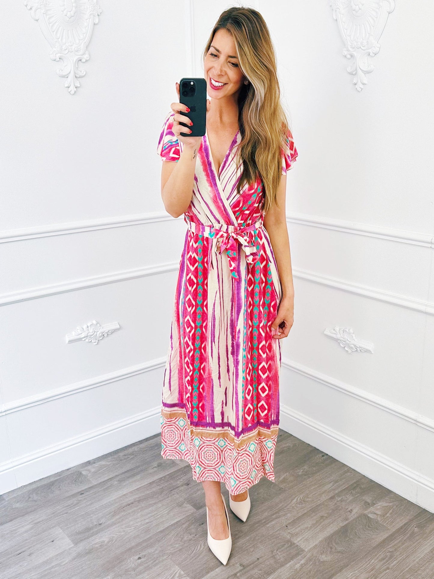 Barok Overslag Midi Jurk Fuchsia - BlushFashionstore