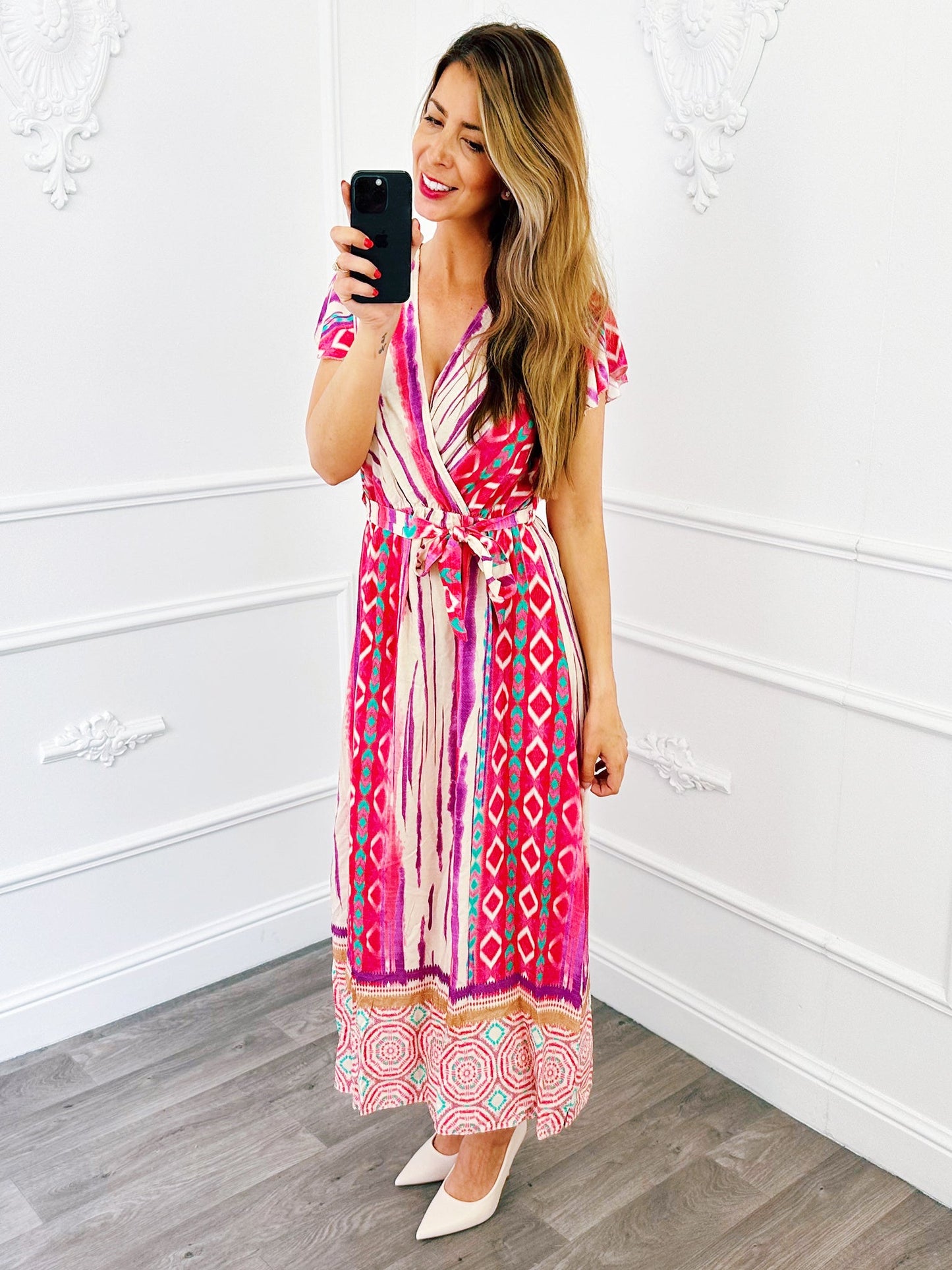 Barok Overslag Midi Jurk Fuchsia - BlushFashionstore