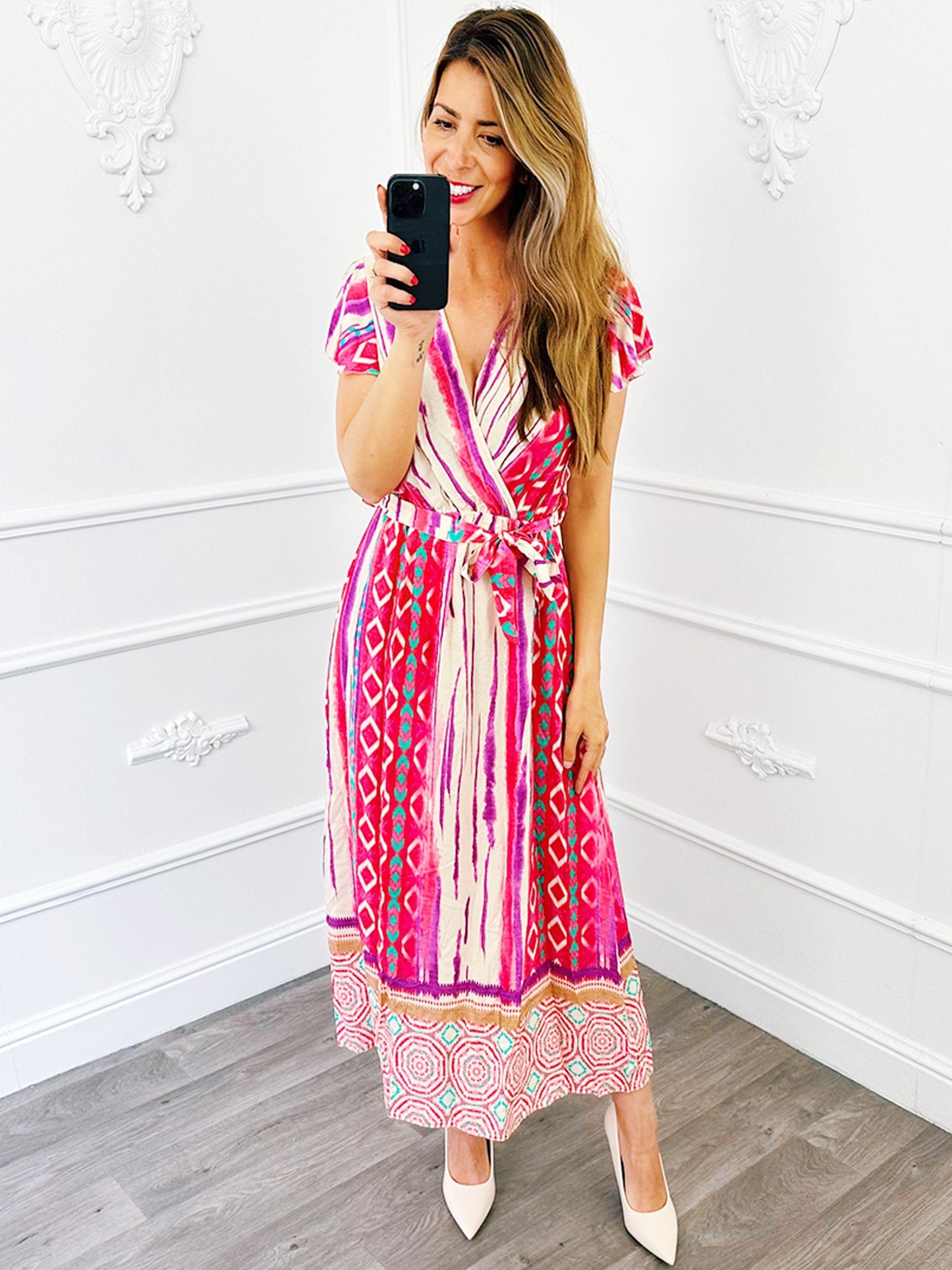 Barok Overslag Midi Jurk Fuchsia - BlushFashionstore