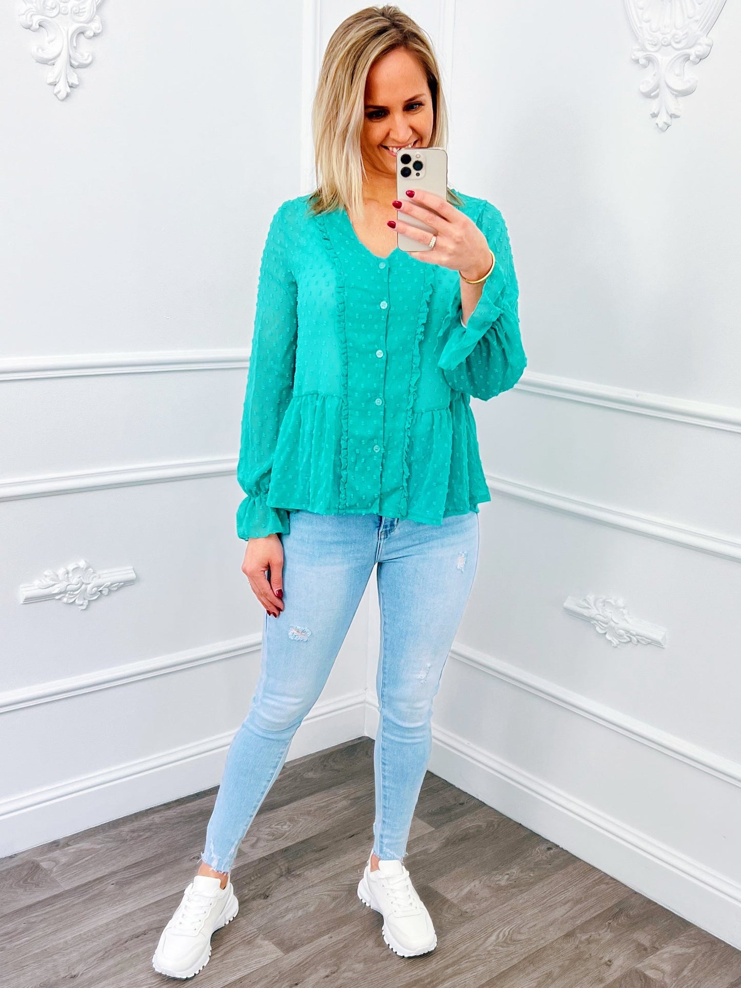 Ruffel Dots Blouse Mint Groen Sale - BlushFashionstore