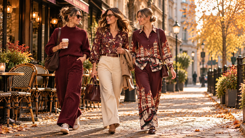 Dames in stijlvolle bordeaux herfstoutfits gecombineerd met beige, crème en bruine accessoires.