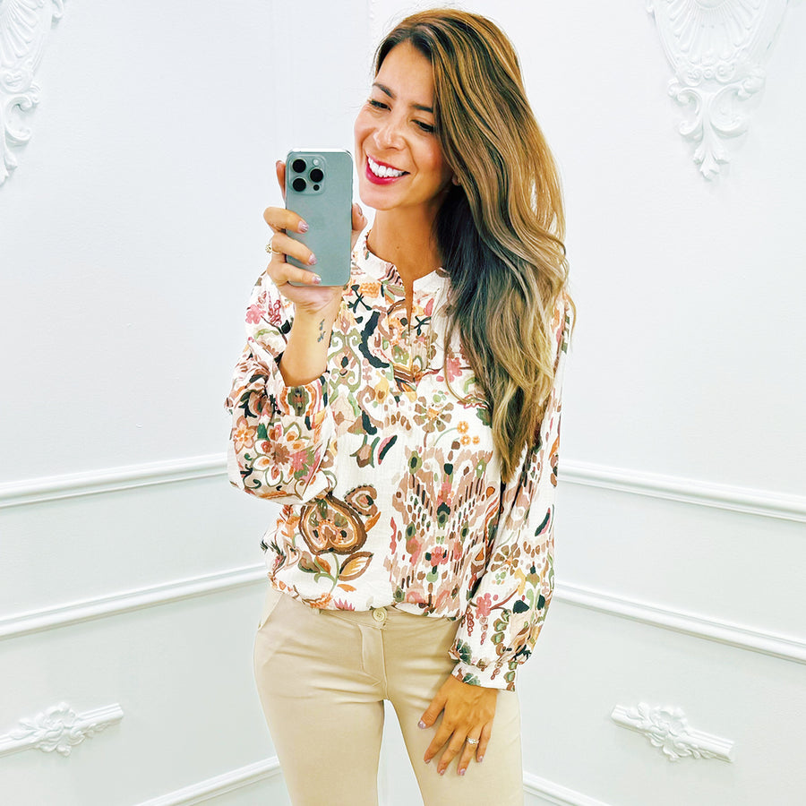 Pofmouw Blouse Bloem Beige