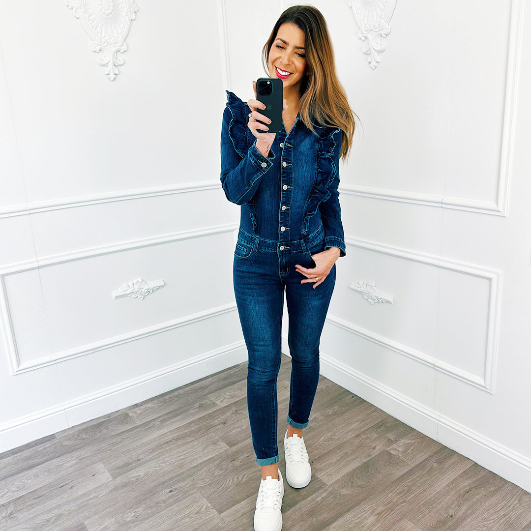 Denim Jumpsuit Ruffel Blauw