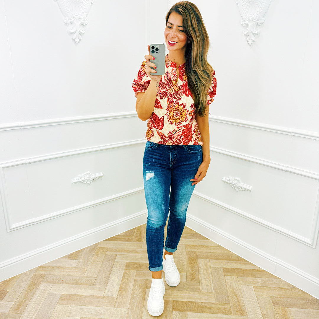 Pofmouw Top Flower Rood