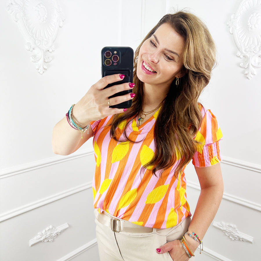 Blouse citroen print oranje-streep