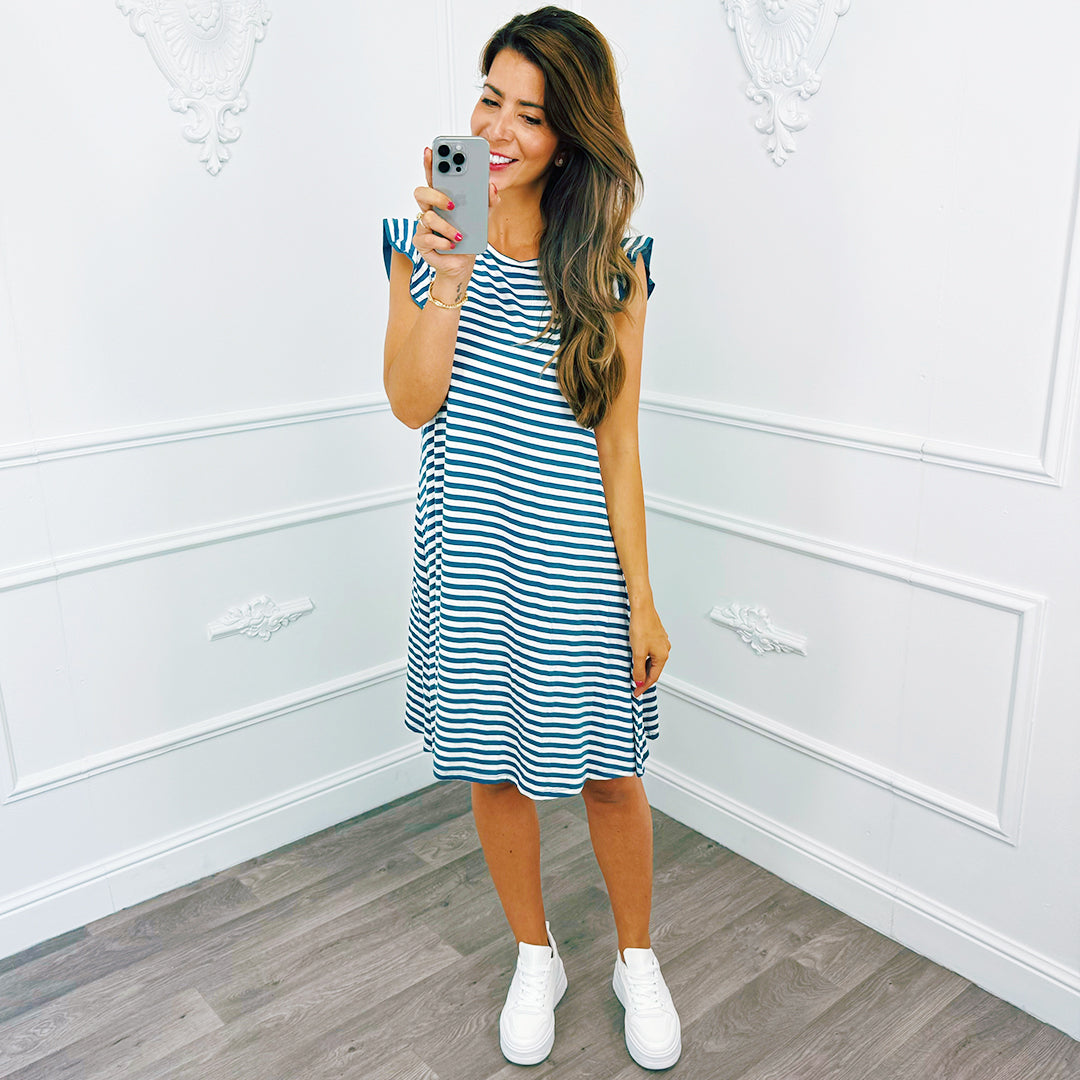 Stripe Ruffle Dress Jeans Blue