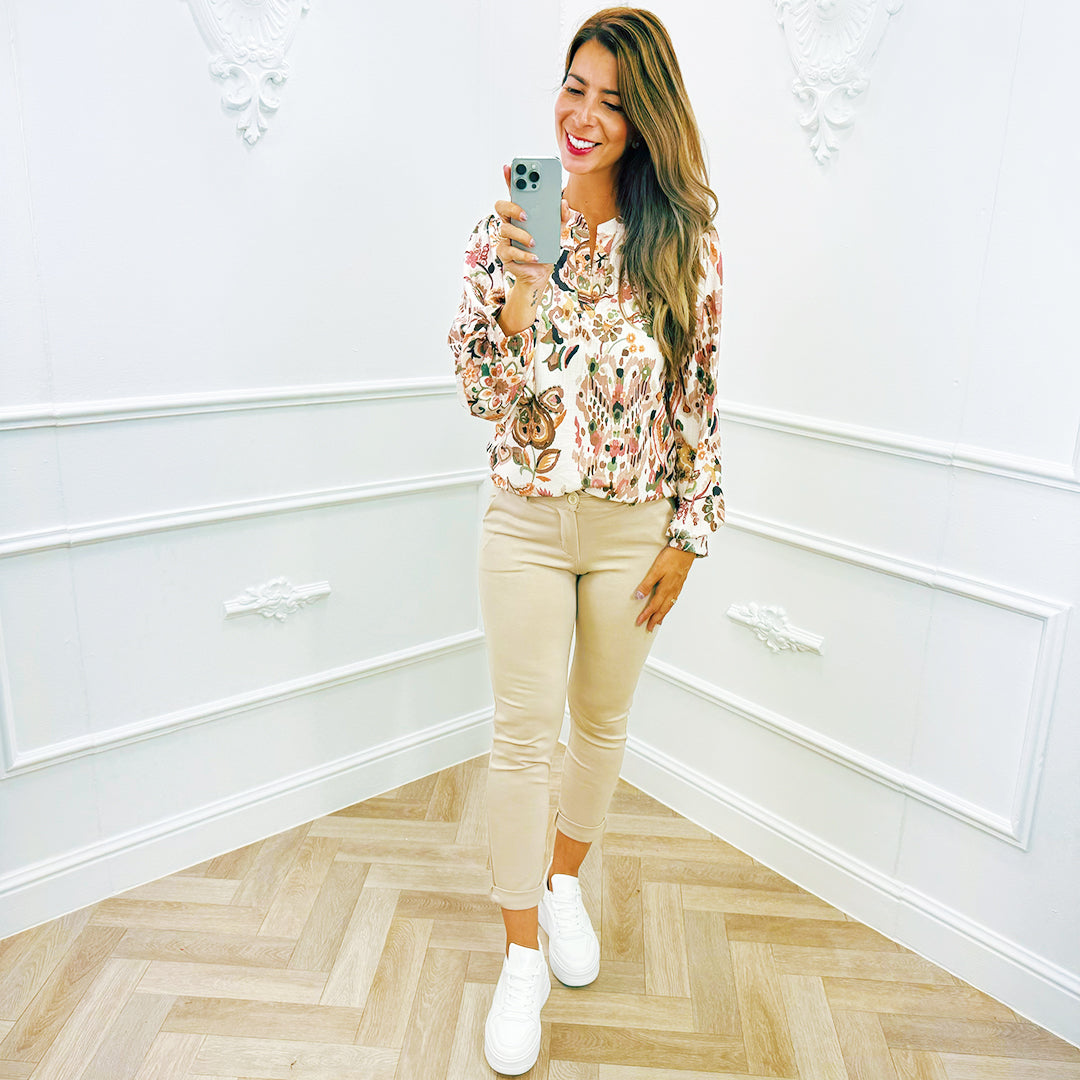 Pofmouw Blouse Bloem Beige