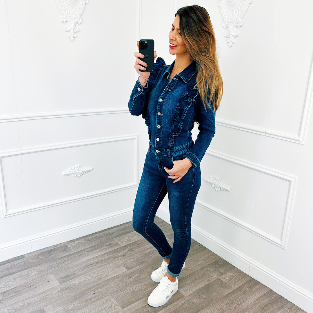 Denim Jumpsuit Ruffel Blauw Sale