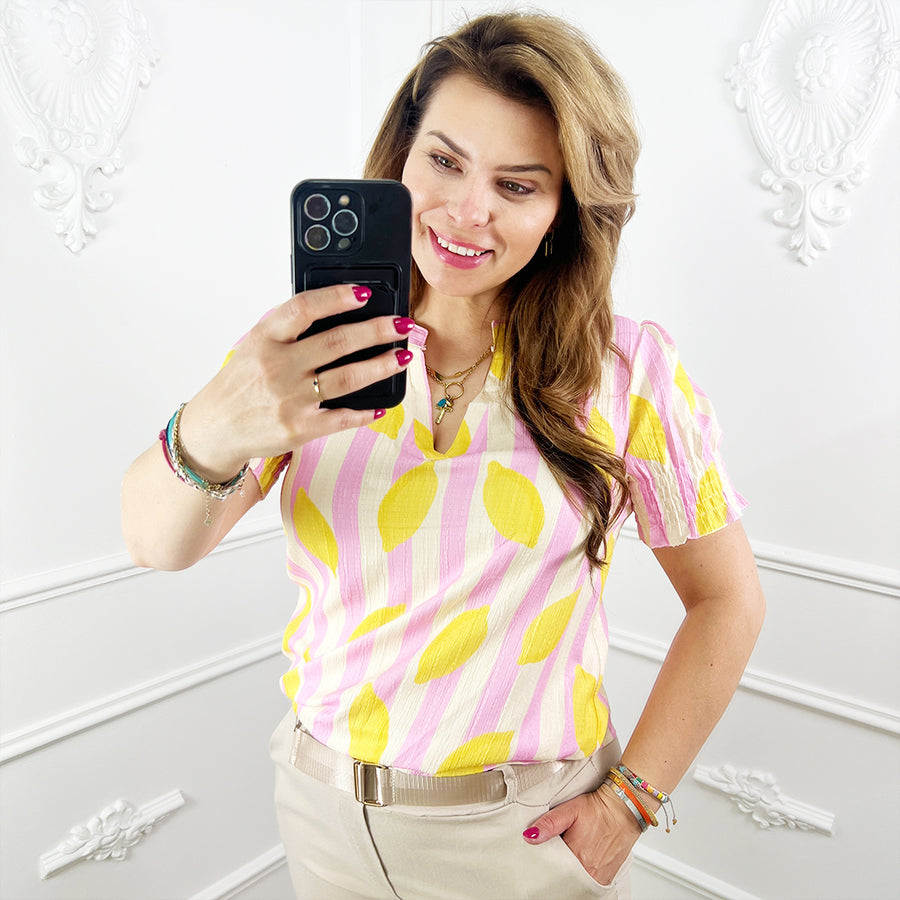 Blouse citroen print roze-streep