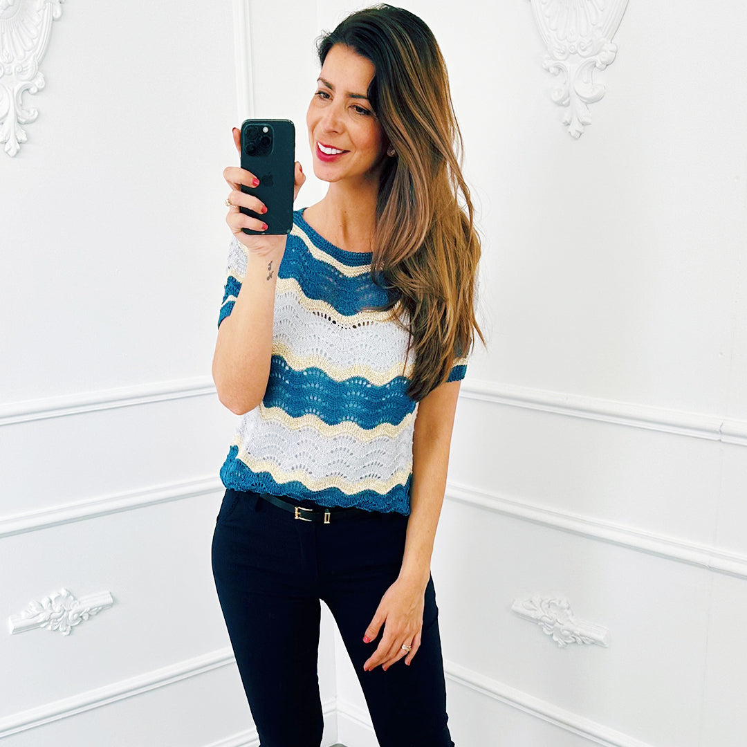 Top Knit Wave Lurex Marine Blauw