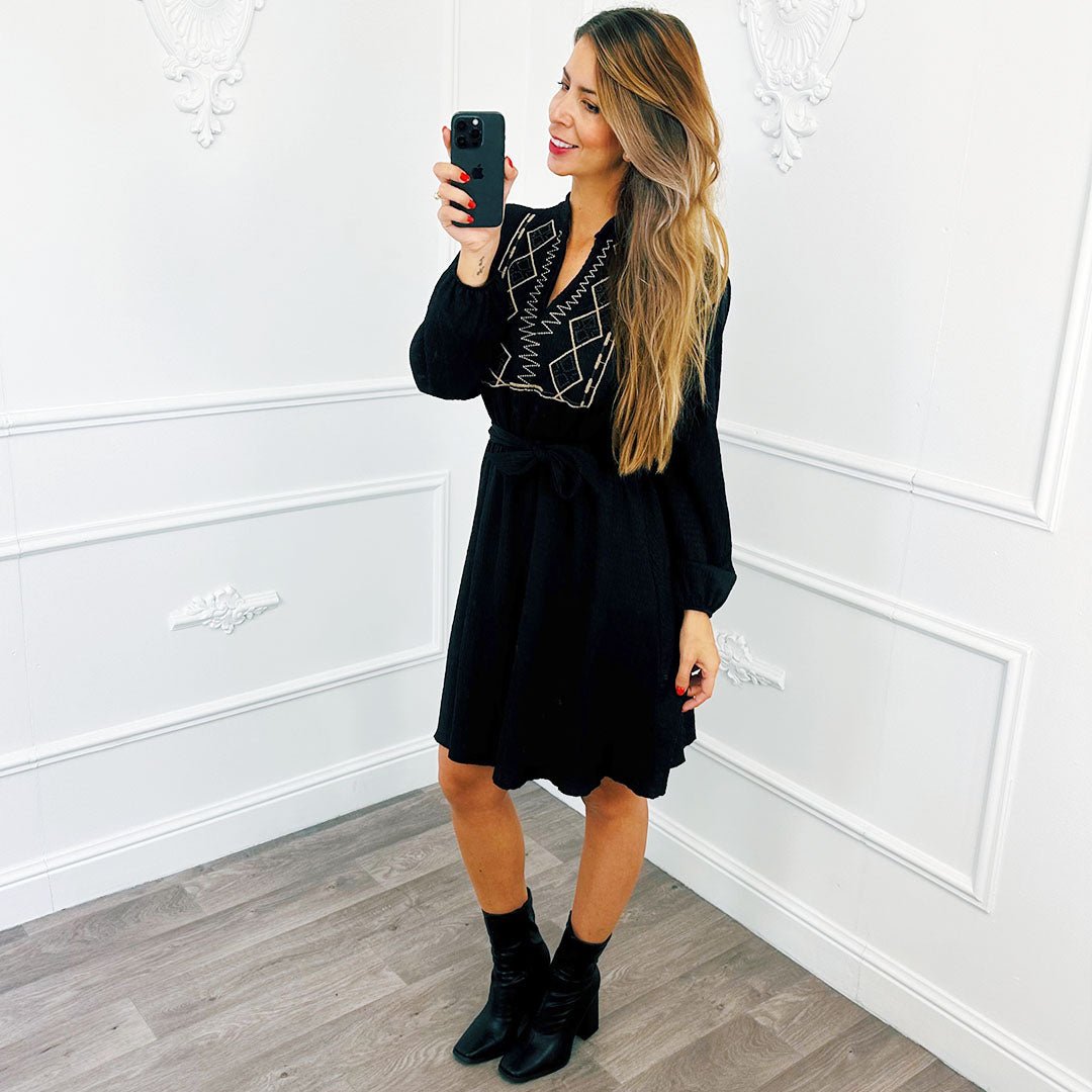 Jurk Smocked Aztec Zwart