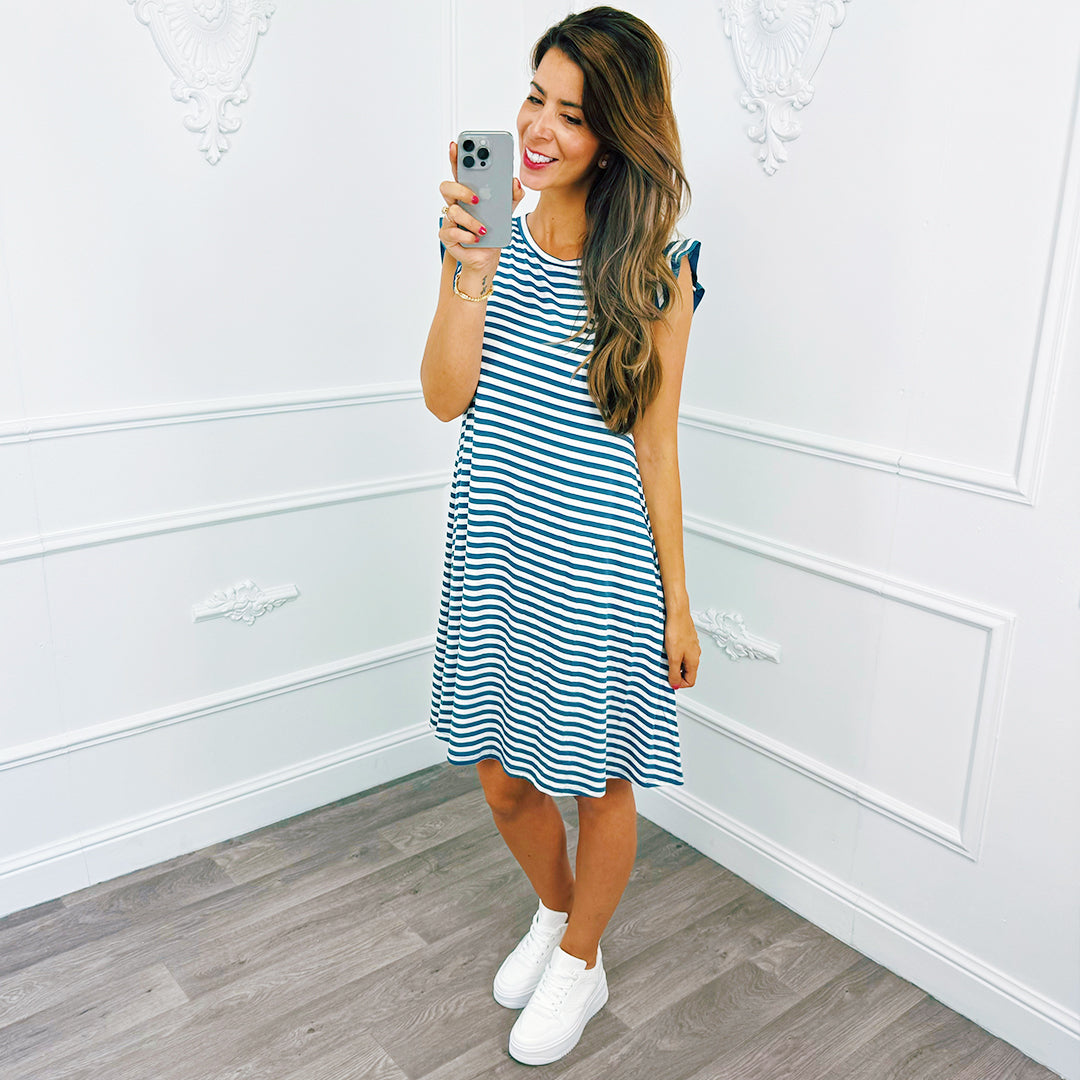 Stripe Ruffle Dress Jeans Blue