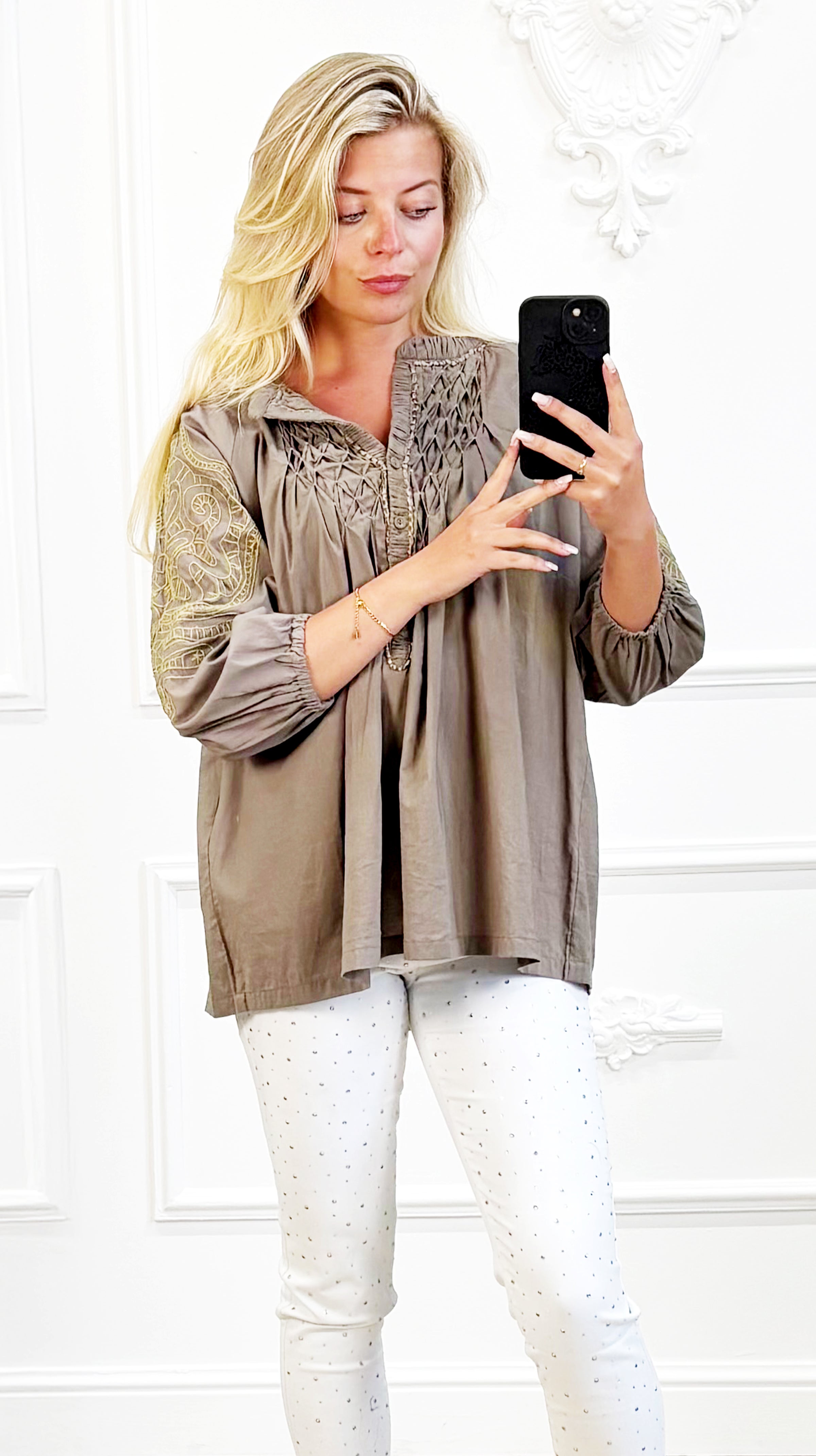 Katoenen blouse met borduursel kaki"