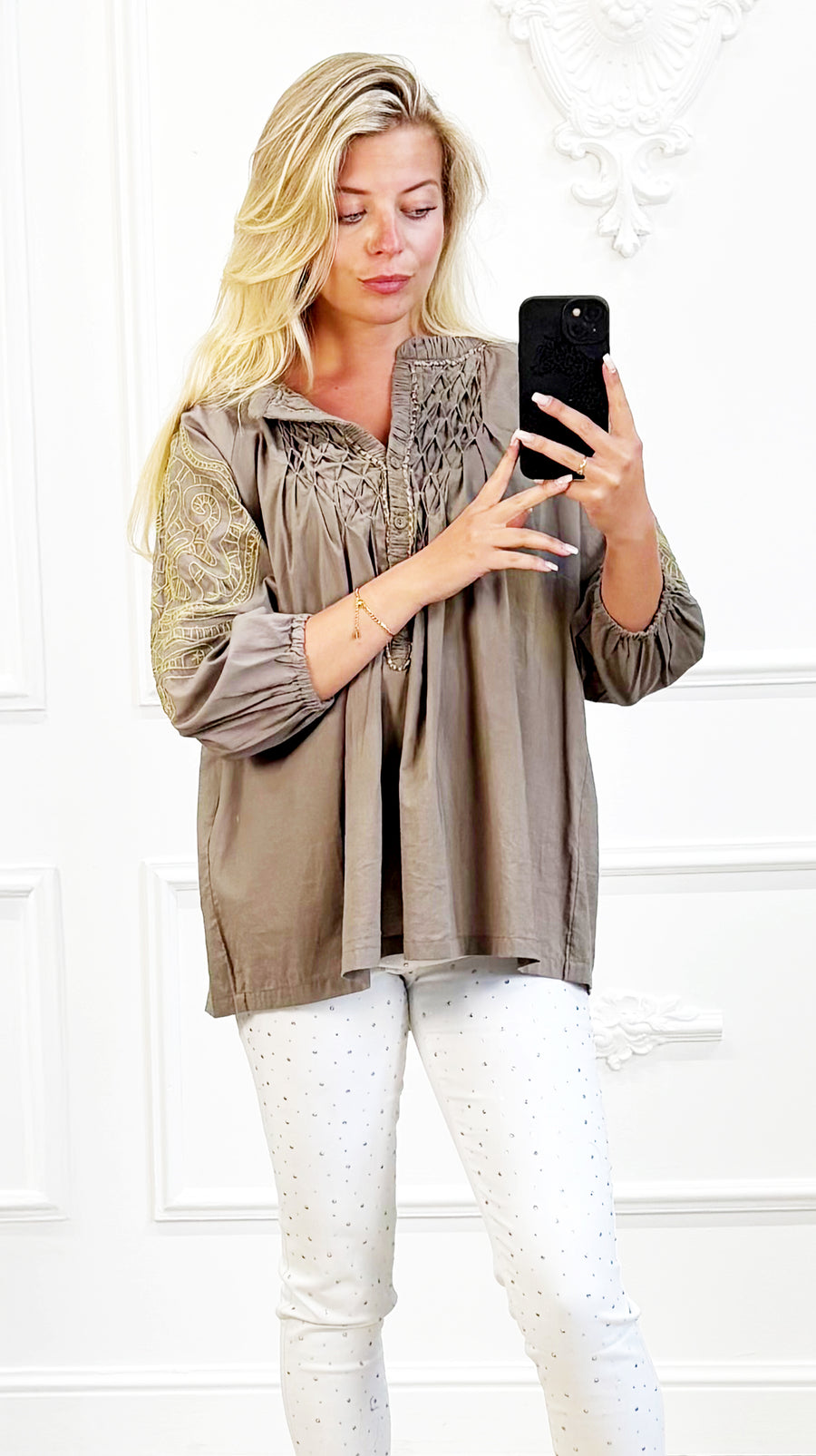 Katoenen blouse met borduursel kaki"