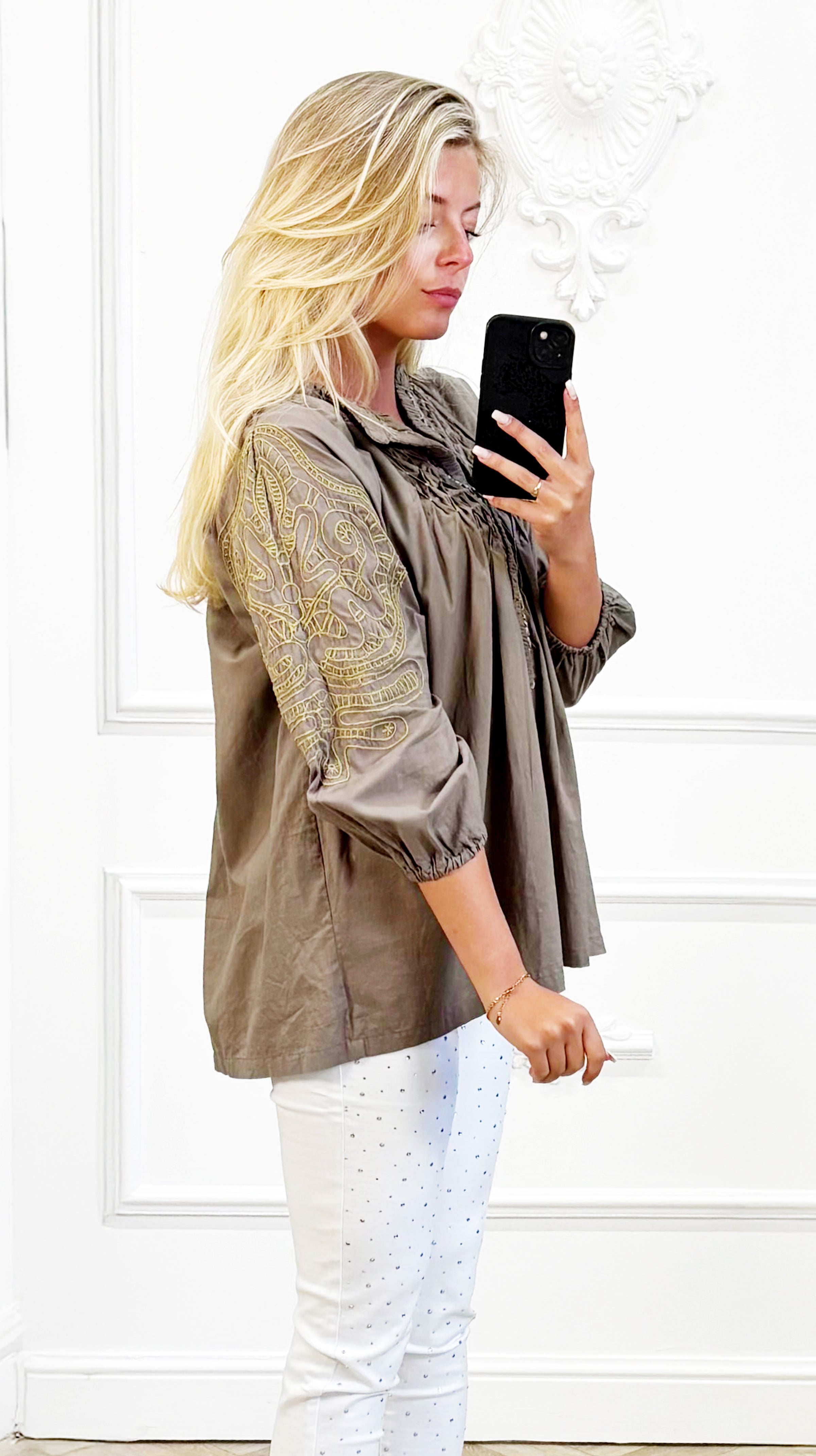Katoenen blouse met borduursel kaki"