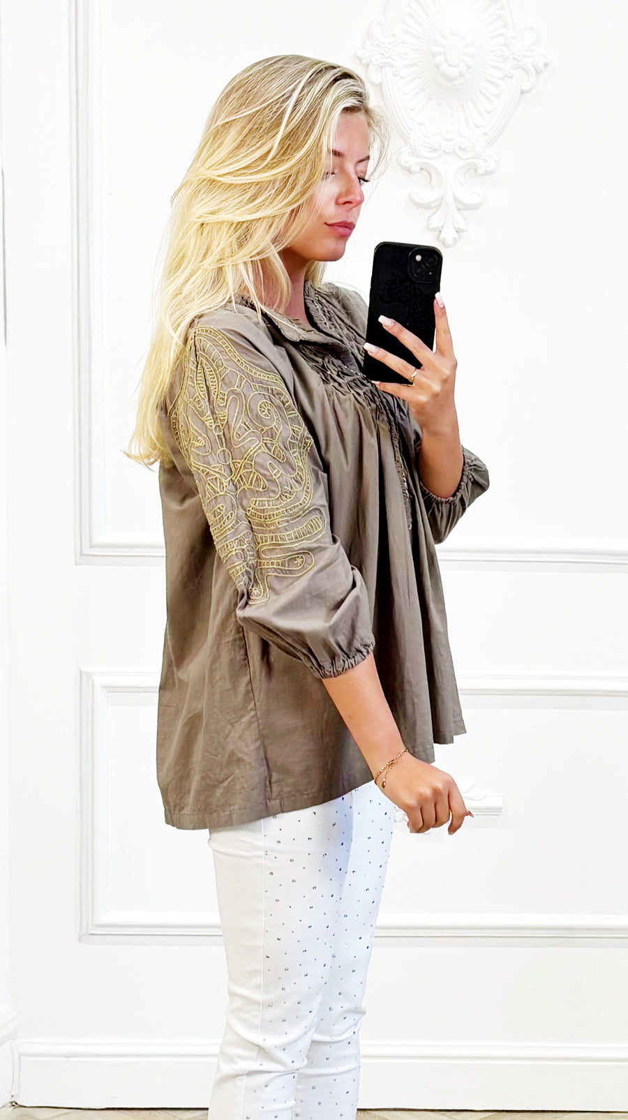 Katoenen blouse met borduursel kaki"