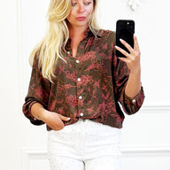 Zijde Blouse Bruin Rode Print