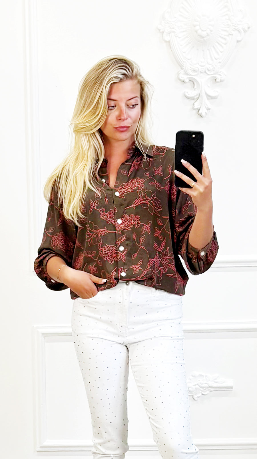 Zijde Blouse Bruin Rode Print