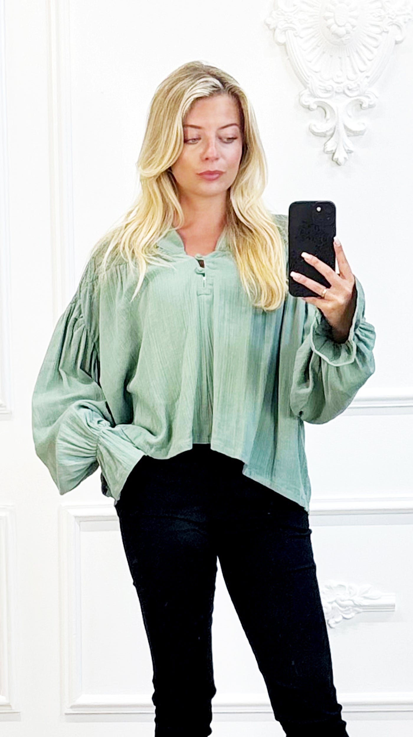 Boho Blouse met Pofmouwen Groen