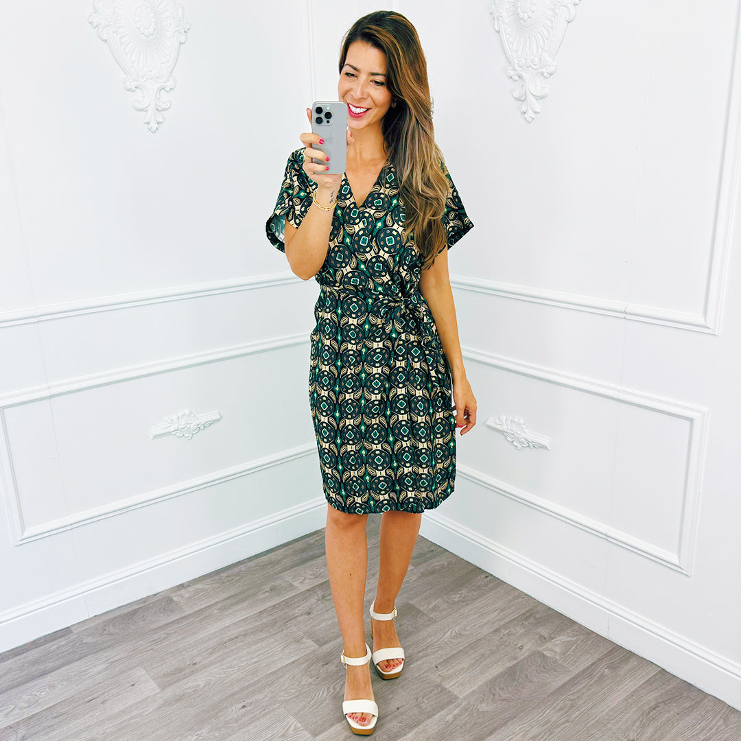 Print Button Dress Green