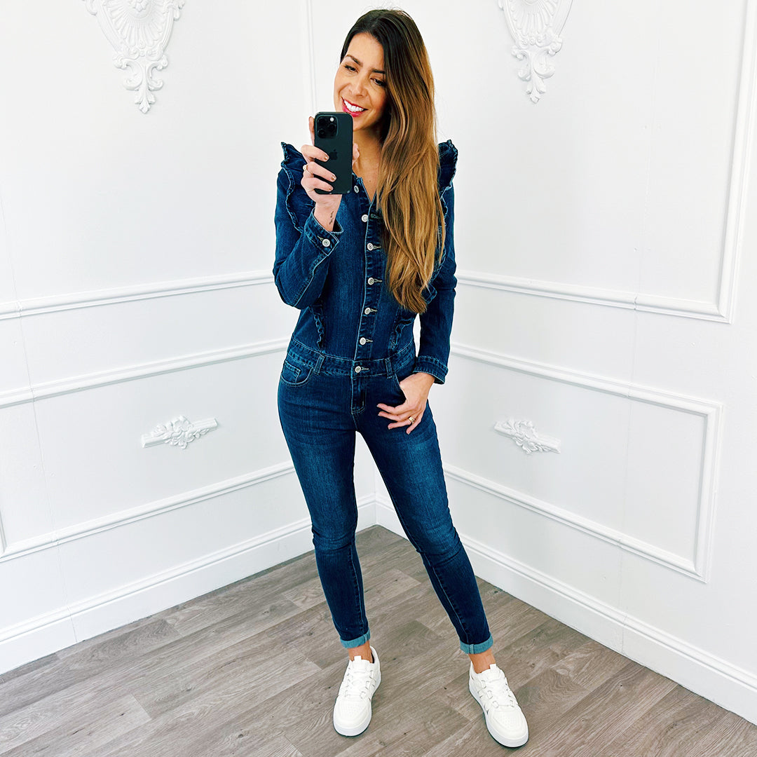 Denim Jumpsuit Ruffel Blauw Sale