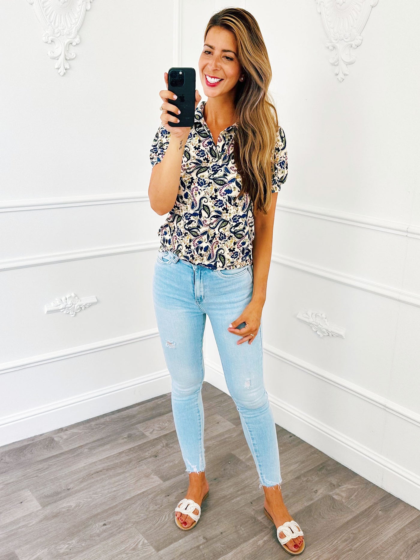 Paisley V Top Marine Blauw
