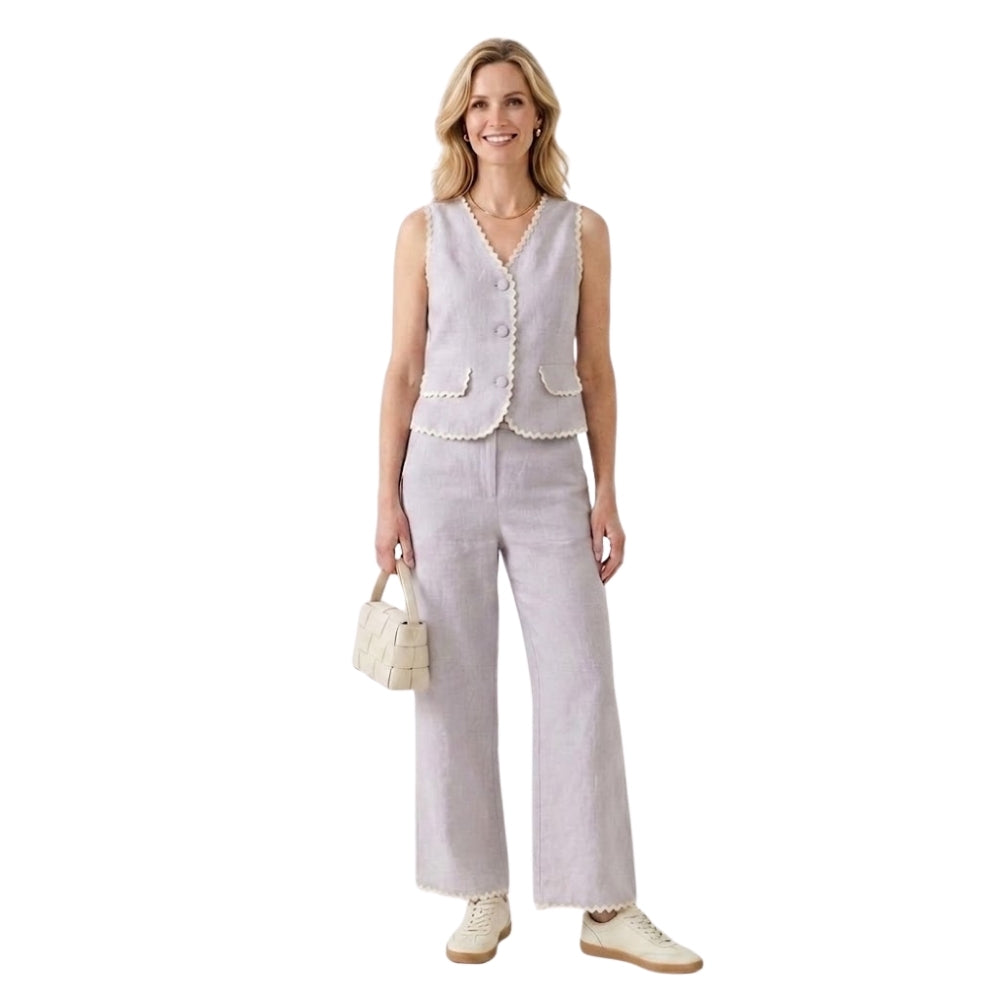 Sterre linnen-look co-ord set met gilet in zand roze voor dames