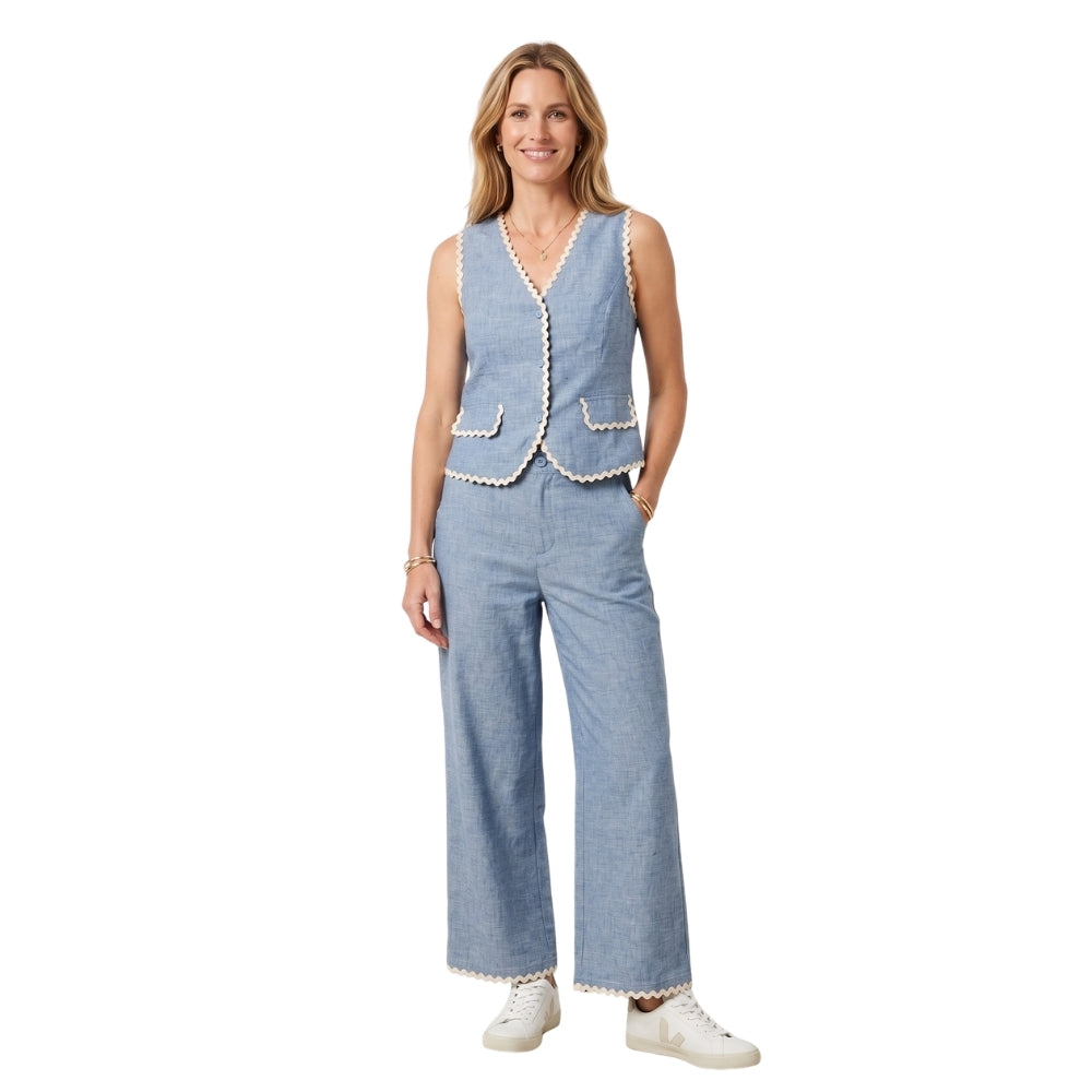 Sterre linnen-look co-ord set met gilet in jeansblauw voor dames