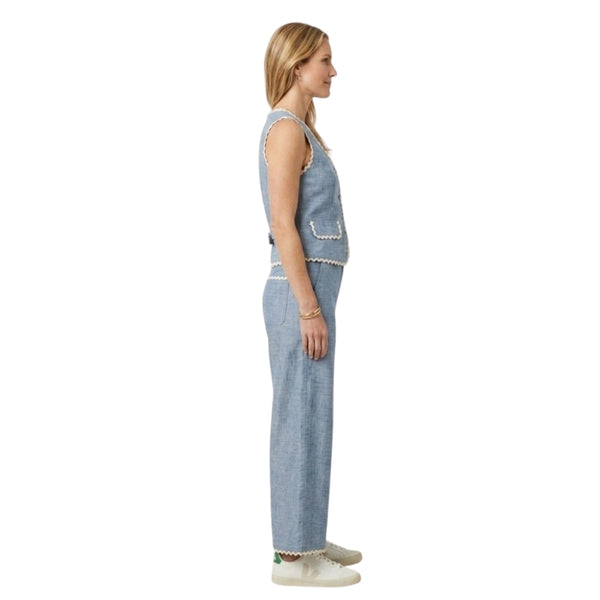 
                    
                      Sterre linnen-look co-ord set met gilet in jeansblauw voor dames - detail van het ontwerp
                    
                  