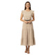 Eva Beige Midi Jurk met Ruches en Tailleceintuur