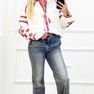 Witte Boho Blouse met Rood Borduurwerk"