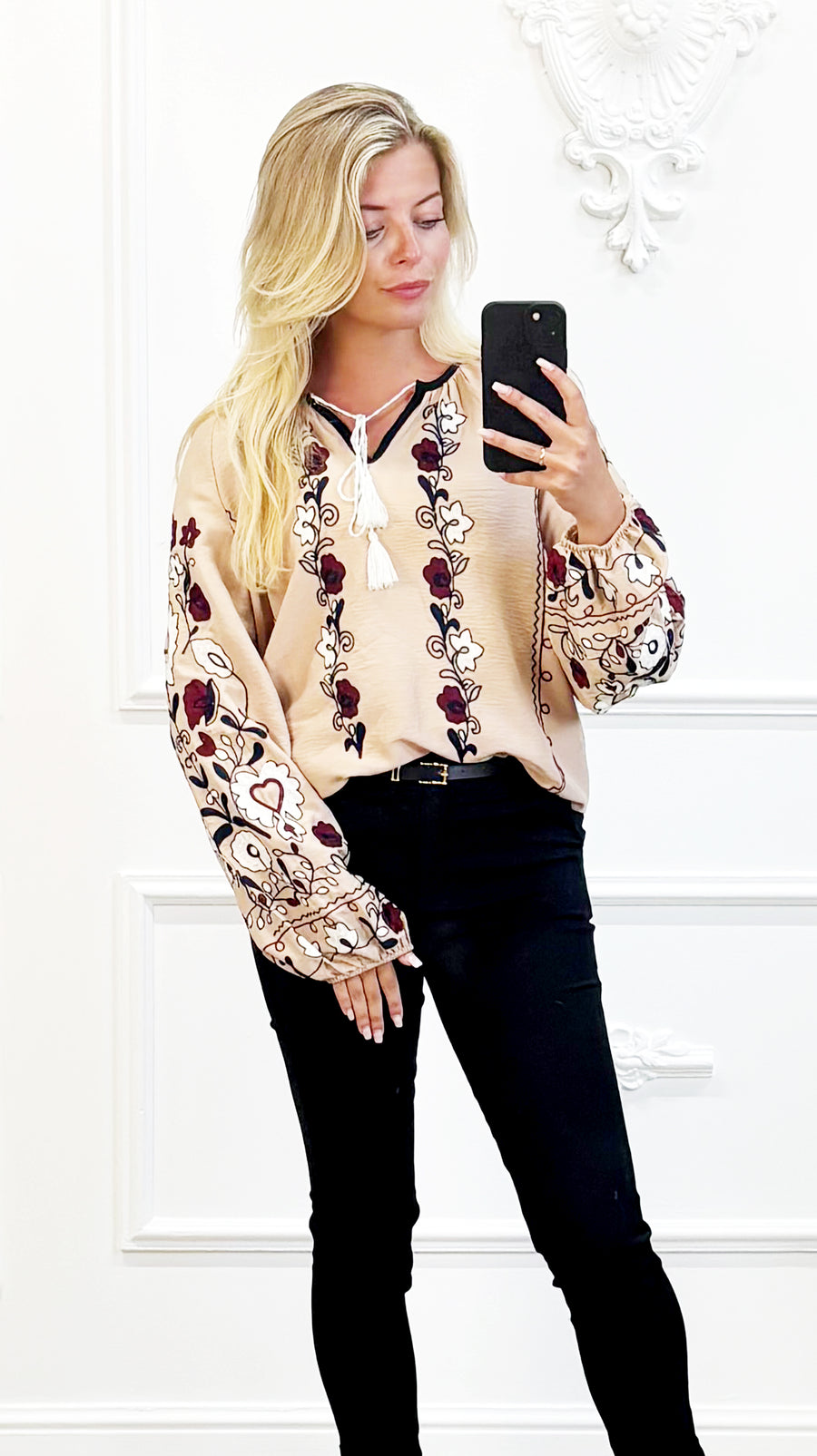 "Beige Boho Blouse met Borduursels"