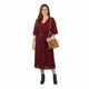 Geplooide Rode Jurk – Elegante Pleated Dress met V-Hals en Lange Mouw