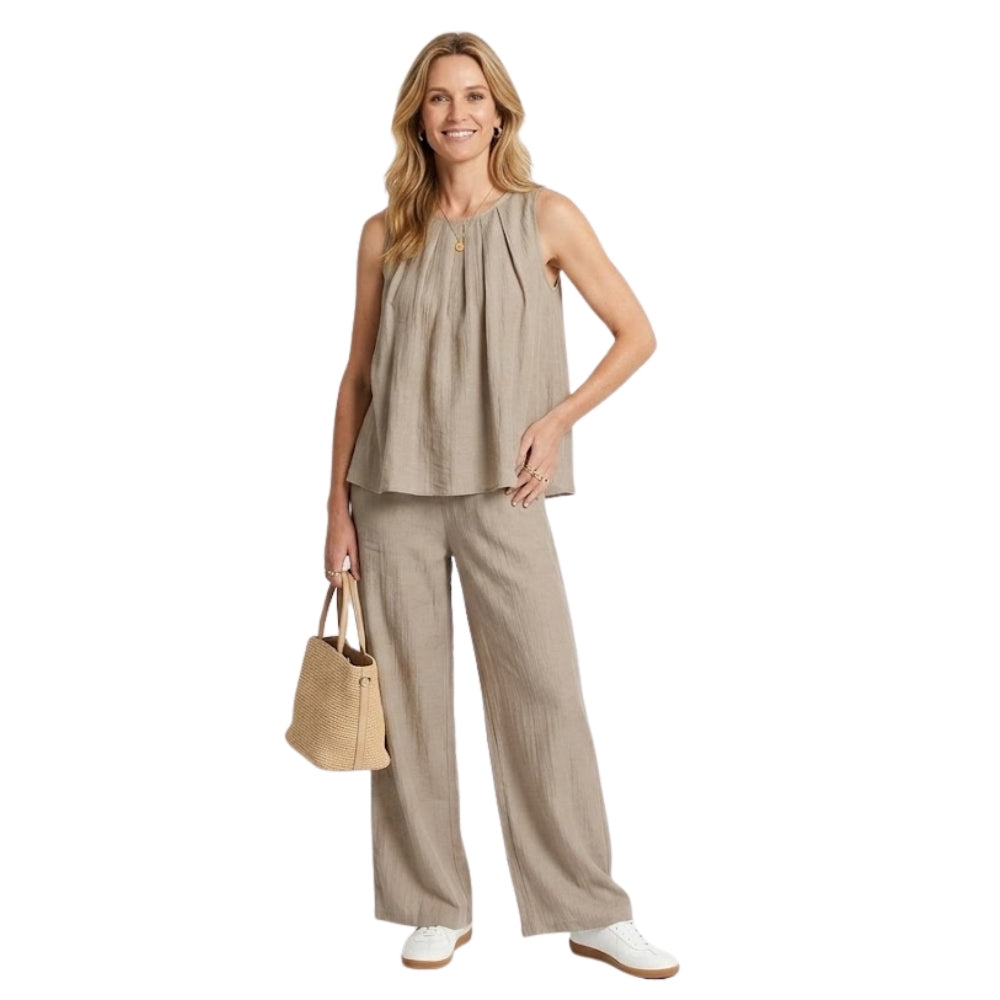 Mila Tencel co-ord set met mouwloze top en wijde broek beige voor dames