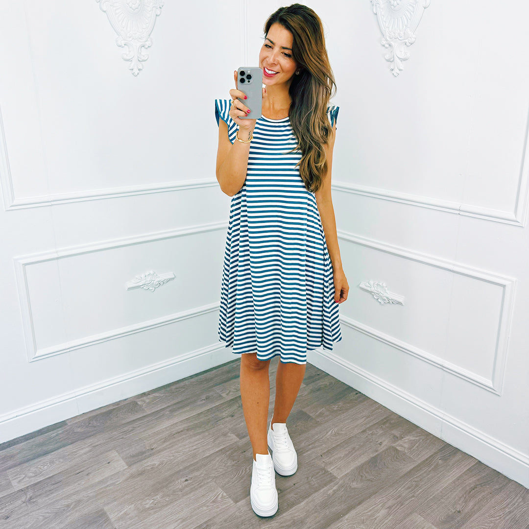 Stripe Ruffle Dress Jeans Blue