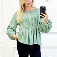 Boho Blouse met Plissé Details en Kantmouwen Groen