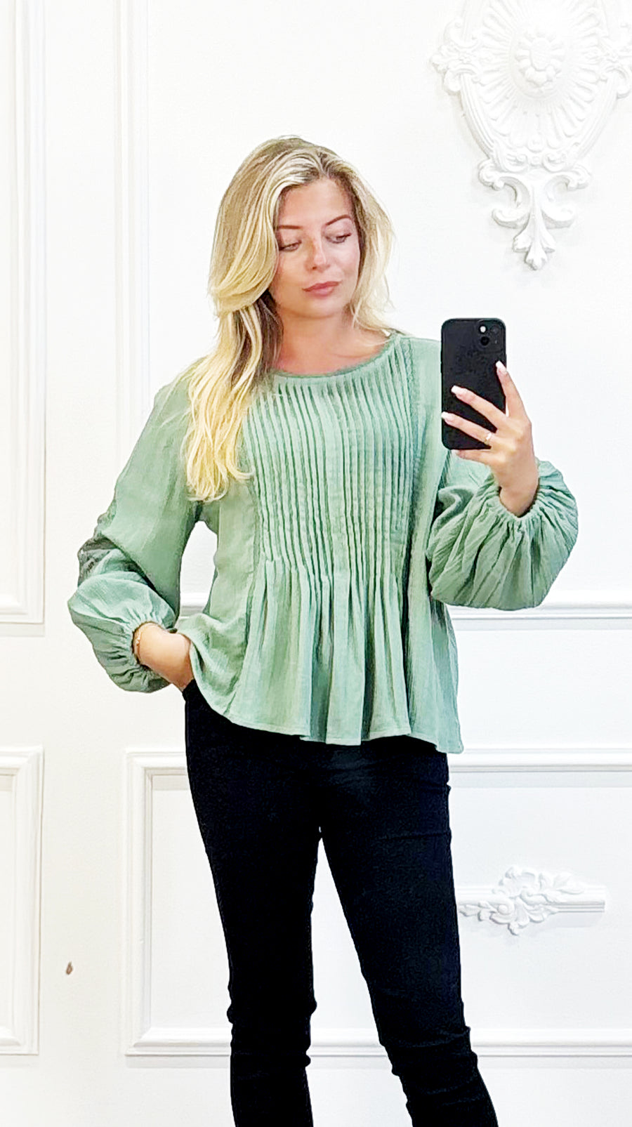 Boho Blouse met Plissé Details en Kantmouwen Groen