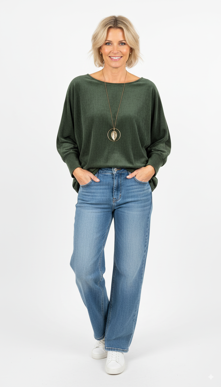 Groene damestrui met ronde hals en losse pasvorm

Losvallende groene trui dames – casual outfit met jeans en sneakers

Stijlvolle groene trui dames – zachte stof met moderne uitstraling