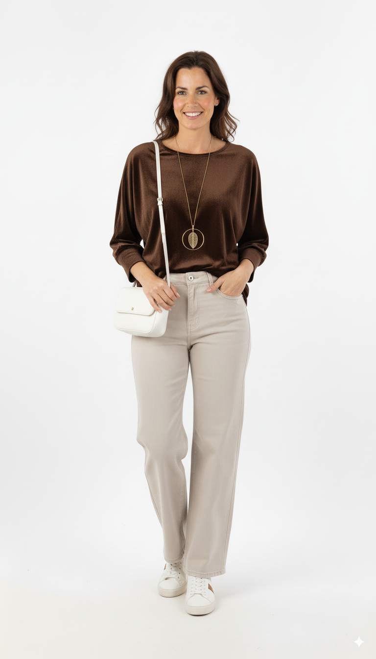 Donkerbruine damestrui met ronde hals en losse pasvorm

Losvallende donkerbruine trui dames – casual outfit met lichte broek en sneakers

Stijlvolle donkerbruine trui dames – zachte stof met moderne look