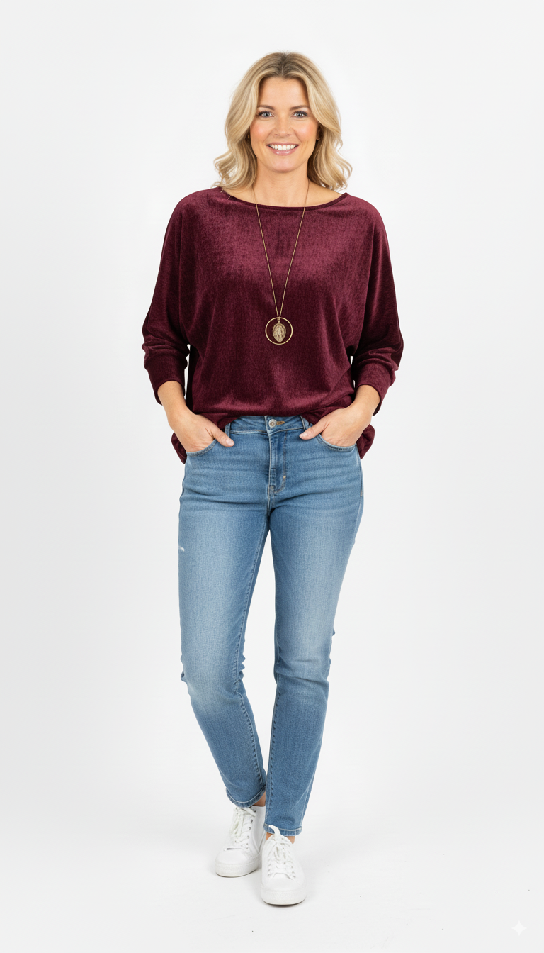 Bordeauxrode damestrui met ronde hals en losse pasvorm

Losvallende bordeaux trui dames – casual outfit met jeans en sneakers

Stijlvolle bordeaux damestrui – zachte stof en lange mouwen