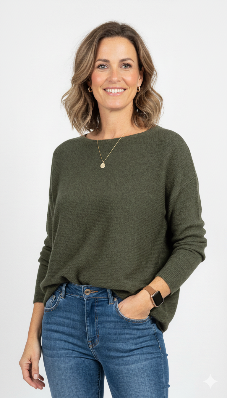 Vrouw met groene elegante trui met driekwartmouwen – stijlvolle basic knit met tijdloze uitstraling en comfortabele pasvorm.