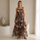 Katoenen Maxi Jurk met Tropische Vogel Print - Donkerbruin
