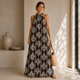 Mouwloze Halter Maxi Jurk met Palmboom Print - Chocolade
