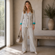 Gestreepte Blazer Co-ord Set met Satijnen Voering - Ecru-Antraciet