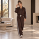 Sportieve Rits Co-ord Set met Streepdetail en Lange Mouwen - Bruin