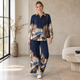 Venetië Print Co-ord Set met Wijde Broek - Marineblauw