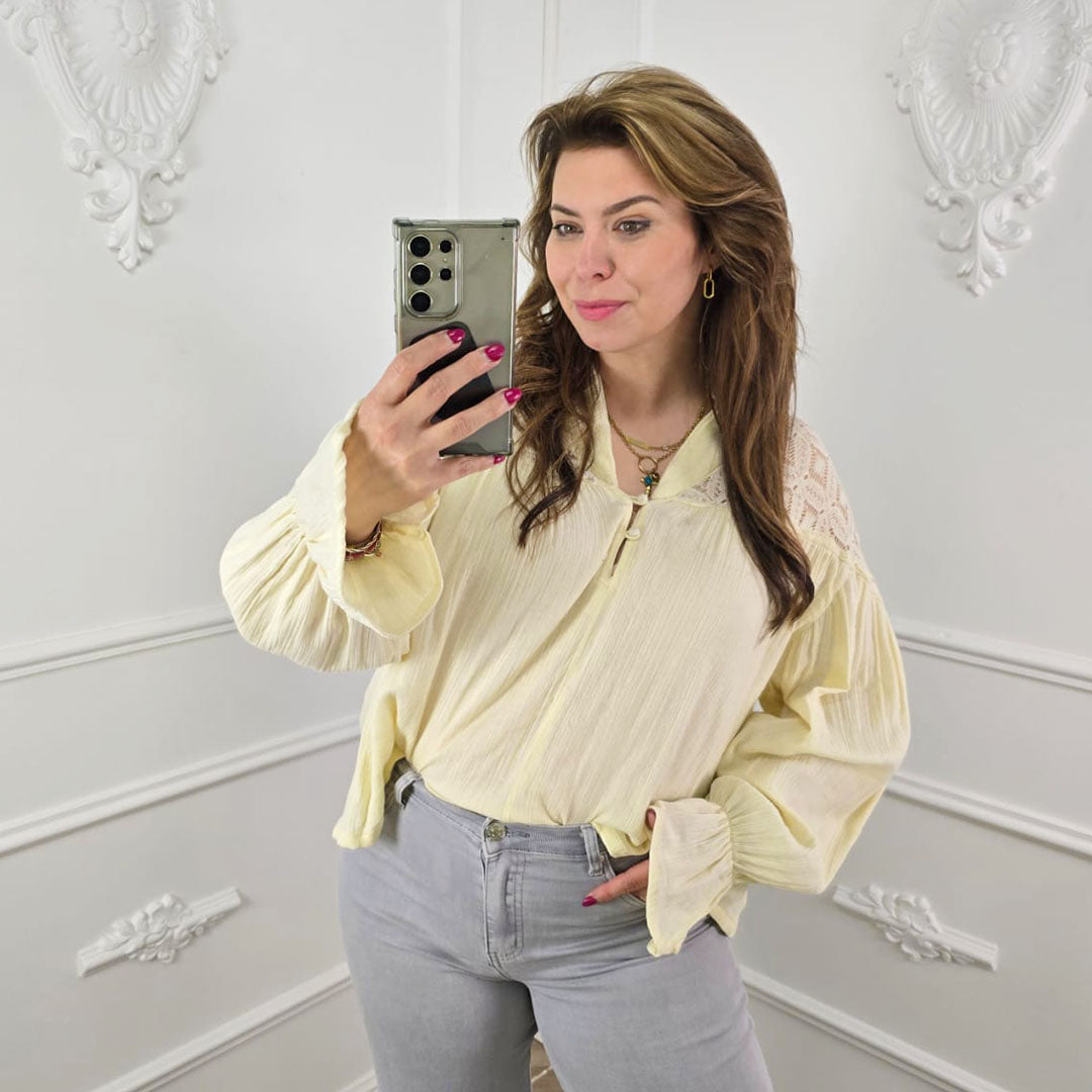 Boho Blouse met Pofmouwen Beige