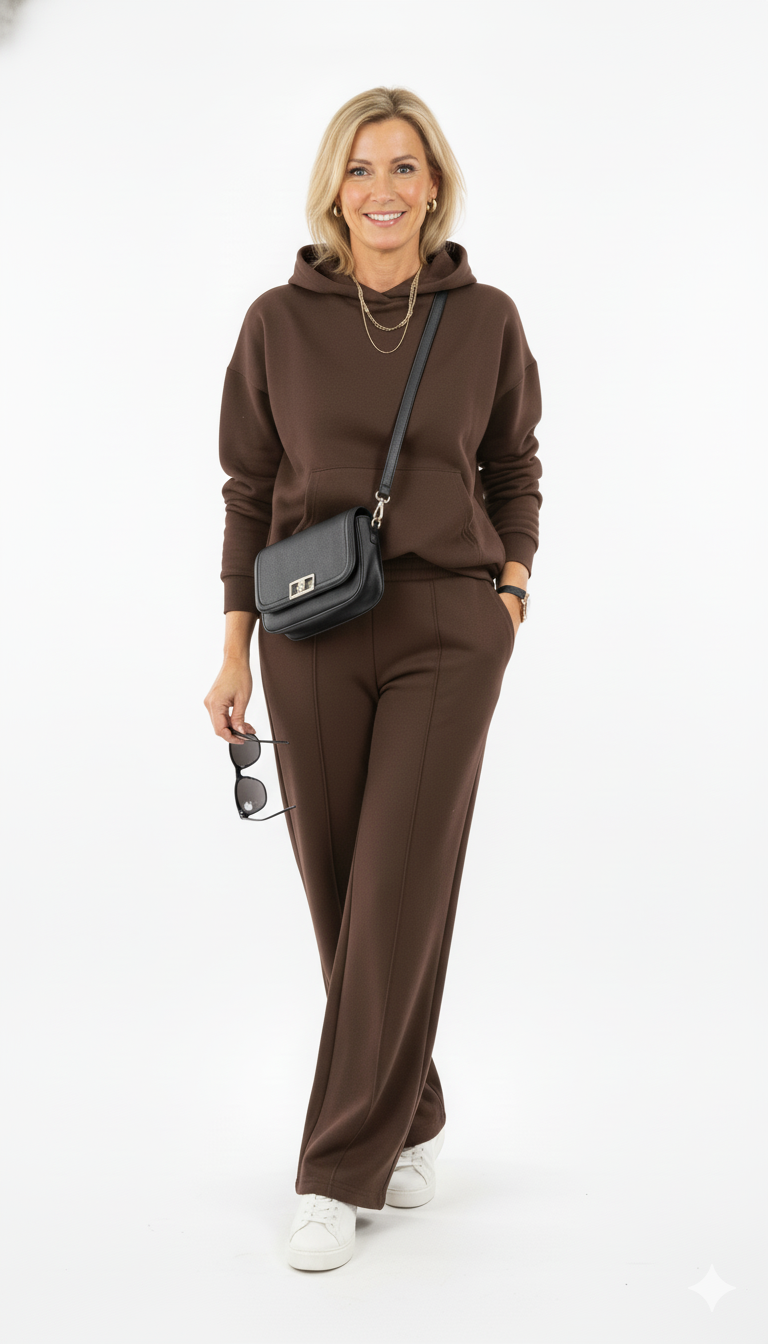 Vrouw draagt bruine dames hoodie set met wijde broek, witte sneakers en zwarte crossbody tas stijlvolle en comfortabele outfit.