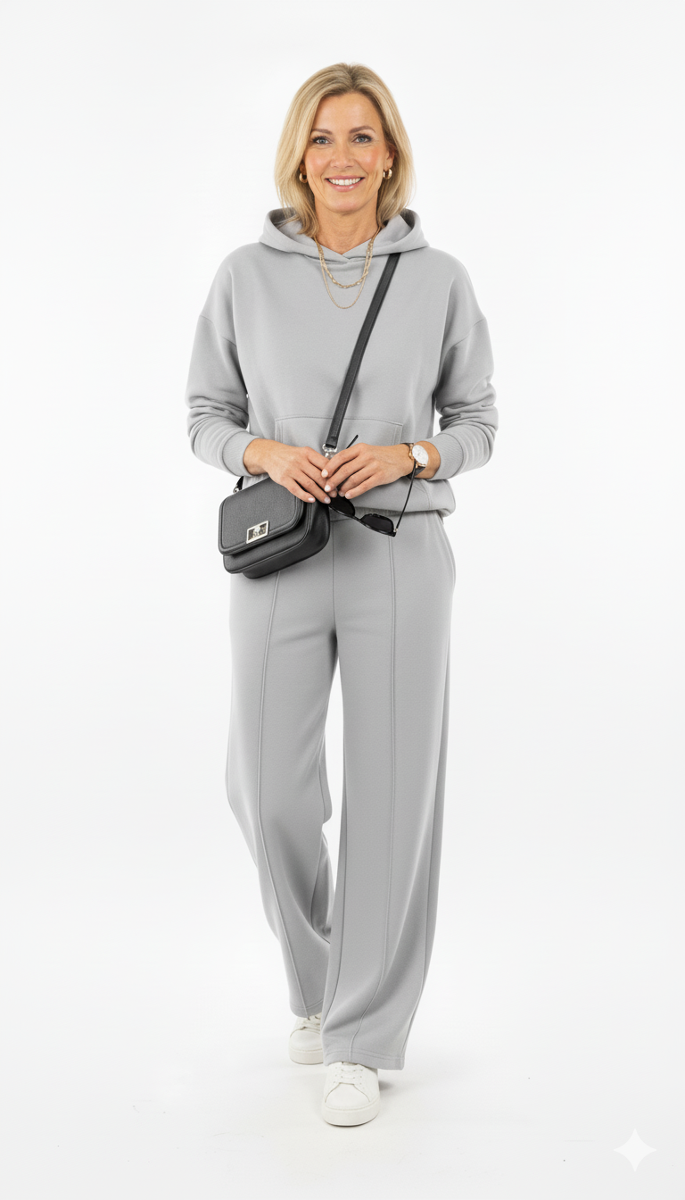 Vrouw draagt grijze dames hoodie set met wijde broek, witte sneakers en zwarte crossbody tas – stijlvolle en comfortabele outfit.